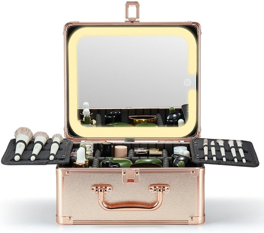 Qislee Makeup Box with A Detachable Lighted Mirror, Waterproof Travel Train Case, Cosmetic Organizer and Makeup Suitcase with Adjustable Dividers, Magnetic LED Mirror(Rose Gold) | Makeup Organizer, Cosmetic Travel Bag for Women, Adjustable Dividers, Br... by Qislee