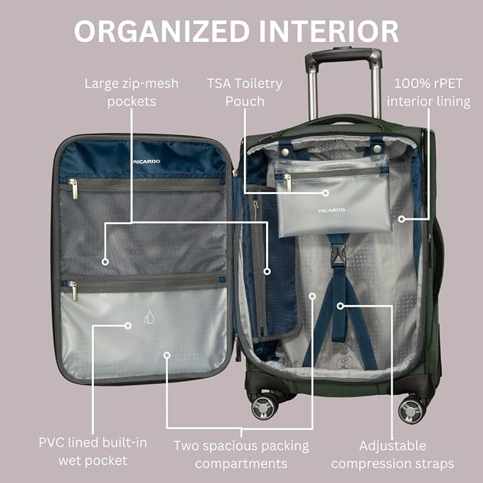 Ricardo Beverly Hills Avalon Softside Luggage Made with Sustainable 100% Recycled PET (rPET), Lightweight, Eco-Friendly Travel, Expandable, Dual Spinner Wheels, Storm Blue, 20-inch - Image 4