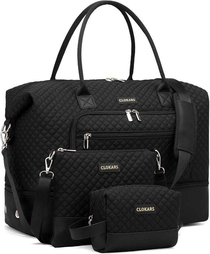Weekender Bags for Women, Travel Duffle Bag Carry On Overnight Bag with Cosmetics Bag and Crossbody Purse for Gym Hospital, Gifts for Women, Black by Unknown