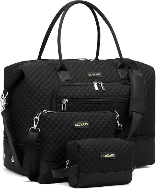 Weekender Bags for Women, Travel Duffle Bag Carry On Overnight Bag with Cosmetics Bag and Crossbody Purse for Gym Hospital, Gifts for Women, Black by Unknown