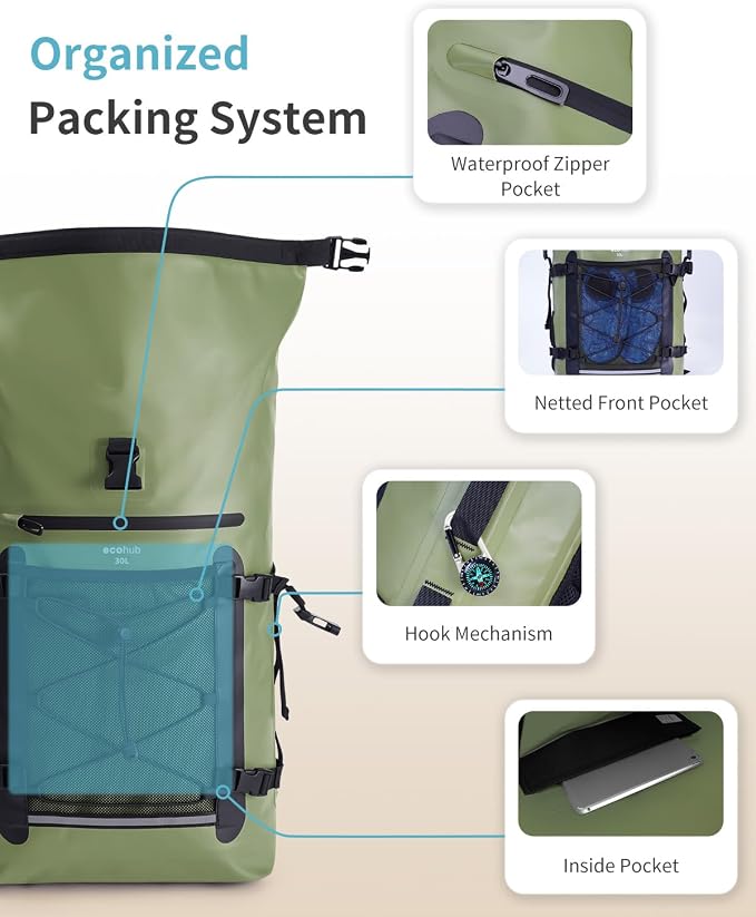 ECOHUB Waterproof Backpack for Women Men, 30L Roll-Top Closure Heavy Duty Dry Bag for Travel with IPX8 Waterproof Phone Case - Image 3