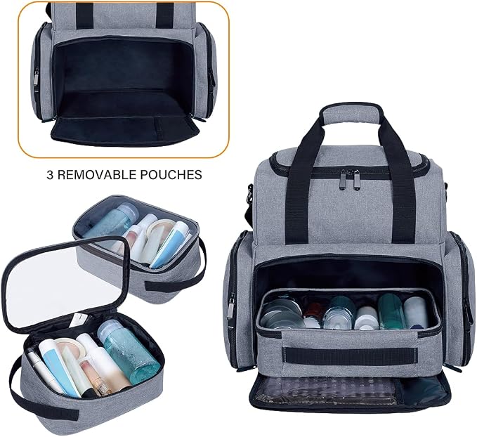 Large Makeup Bag Double Layer with 3 Removable Case,Grey | Large Makeup Bag with 3 Removable Case and 2 Removable Dividers Double Layer Travel Cosmetic Makeup Brushes Storage Section - Image 5