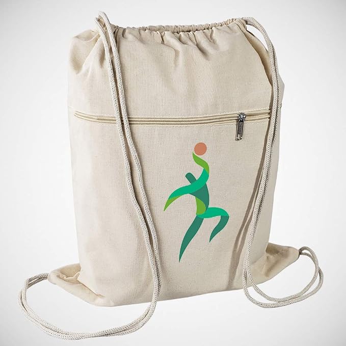 TBF Cotton Canvas Drawstring Backpack with Zippered Front Pocket Cinch Sack Pull String Sport Bags for Gym, Hike, Men Women Kids Bags (Natural, Set of 12) - Image 6