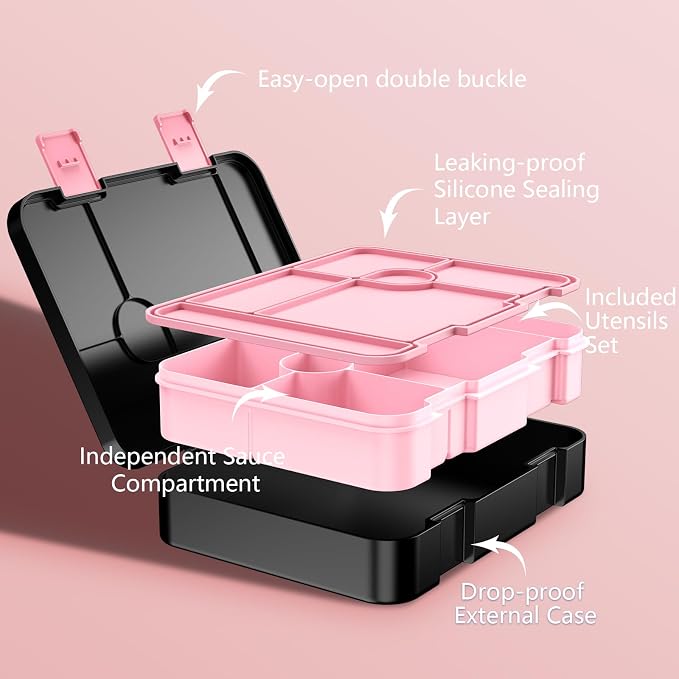 ACESAK Girls Backpack - Bento Box with Insulated Lunch Bag Pencil Case & Utensils Set for Kids, 6 Leakproof Compartments Removable Tray Lunches or Snack Container for School (Black) - Image 5