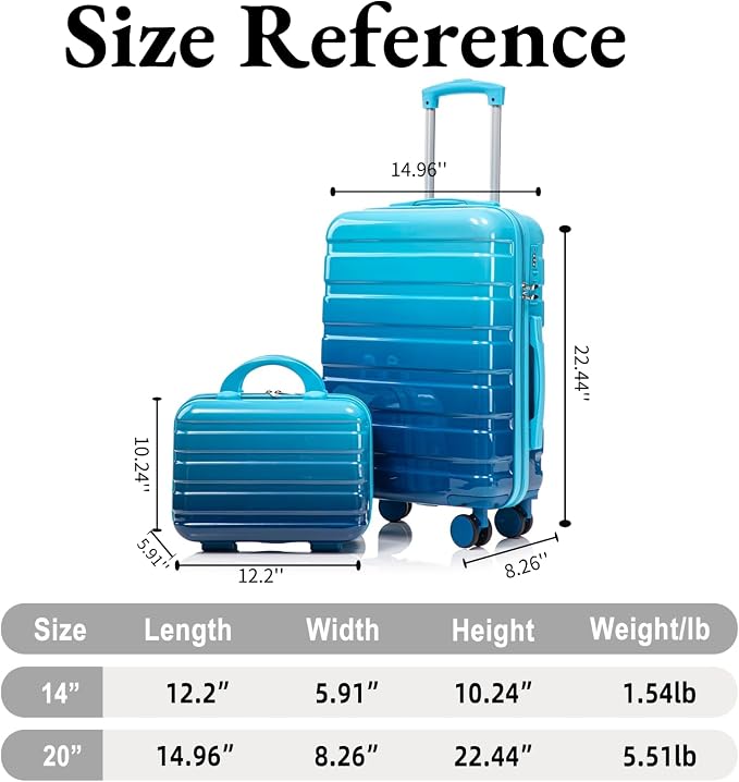 Gradient Blue-Navy Blue Luggage Set 14" & 20" - 2 Piece PC Spinner Wheel Suitcases with Combination Lock, Lightweight Carry On for Business & Vacation - Image 7