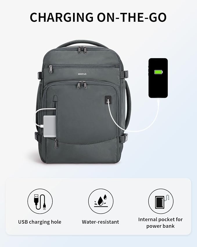 ECOHUB Travel Backpack for Men, 18x14x8 Frontier Airlines Personal Item Bag with Clear Toiletry Bag, Laptop Carry on Backpack with USB Port, Airline Approved Under Seat 14 Pockets 30L, Grey - Image 6