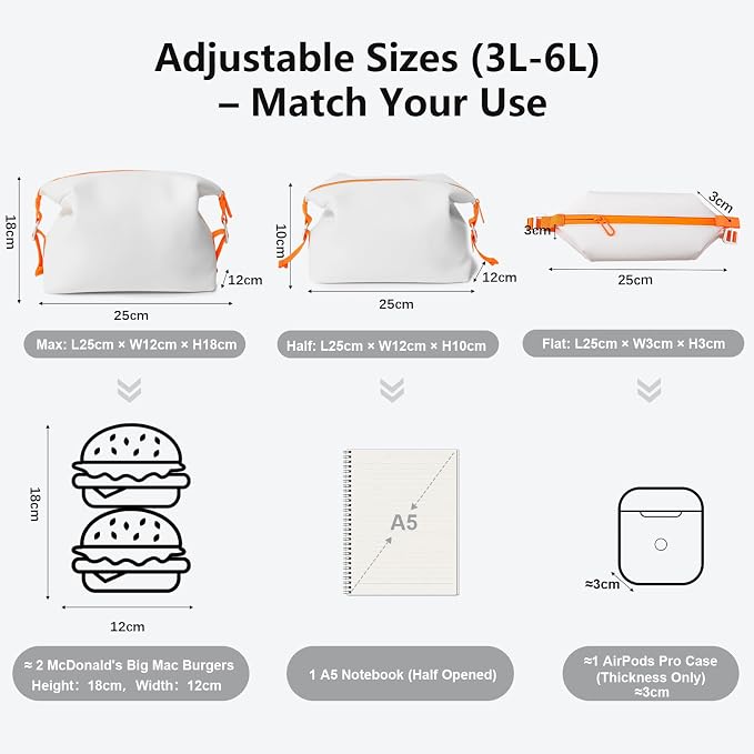 Vomgomfom 3L 6.5 Inch Silicone Toiletry Bag, Waterproof Leakproof Travel Cosmetic Organizer, Adjustable G-Buckle Compression Dopp Kit, Foldable Makeup Bag for Women & Men, White - Image 5