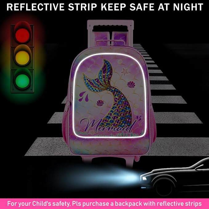 HPJGD 3PCS Mermaid Rolling Backpack for Girls, Kids School Backpacks with Wheels, Water Resistant UV Printed Roller Wheeled Bookbag Set with Lunch Box - Image 6