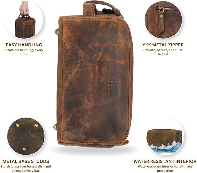 Toiletry Bag for Men – Genuine Leather Dopp Kit, Travel Organizer for Grooming Essentials, Large Shaving Kit Pouch, Durable Distressed Brown Gift for Men - Image 3