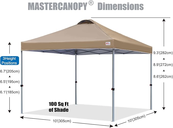 MASTERCANOPY 10x10 Pop Up Canopy Tent, 1 Person Setup Instant Shelter,Outdoor Portable Beach Canopy with Roller Bag, 4 Sandbags, 4 Ropes, 8 Stakes (10x10, Khakie) - Image 2