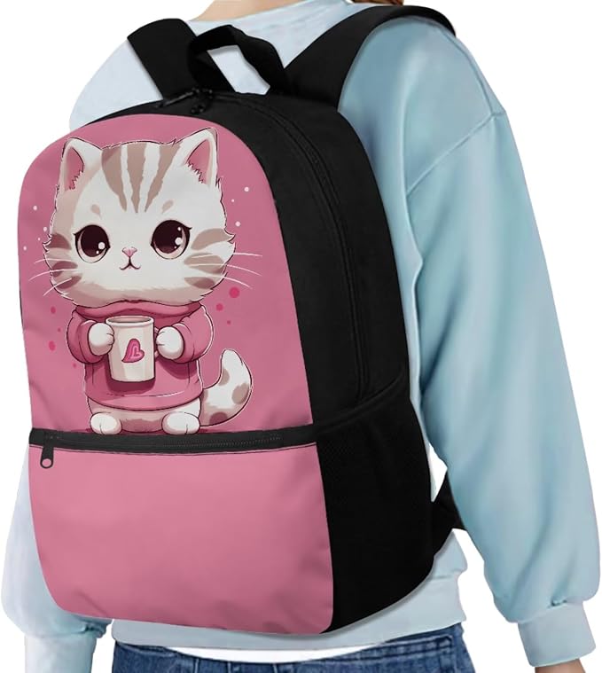 Cat Backpack for School Girls Backpack with Lunch Box Water Bottle Pouch and Kawaii Pencil Case 4PCS Set Cute Bookbag with Front Pocket 17 inch Large Capacity School Bag for Elementary Girls - Image 2