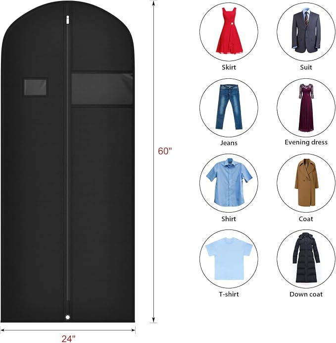 Univivi 60 Inch Long Garment Bags for Hanging Clothes, 5 Pack, Black | Breathable Dress Bag, Dustproof Hanging Garment Bag, Clear Window and ID Card Holder for Coats, Dresses - Image 2
