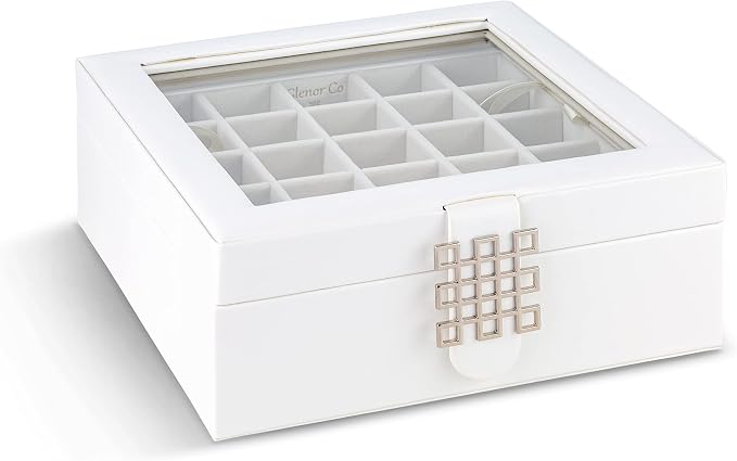 Glenor Co Earring Organizer - Classic 50 Section Jewelry Box/Case/Holder for Earrings, Rings, Necklaces, Jewelry, Cufflinks or Collections -2 Layer Small Compartments with Large Glass Top - White - Image 3