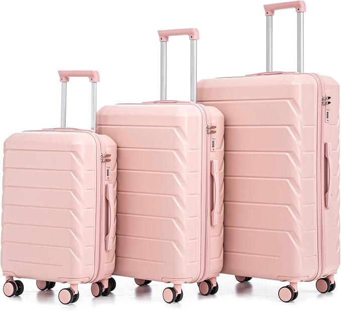3-Piece ABS Spinner Luggage Set (20" 24" 28") with Combination Lock, Matching Hardshell Suitcases, Pink by LUCCALILY