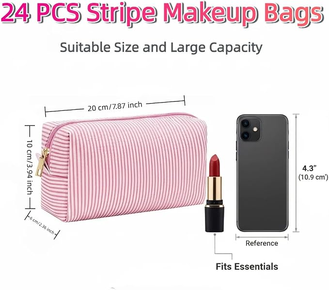 24 PACK Makeup Bags-Bulk Seersucker Cosmetic Bag for Women Bridesmaid Gifts Makeup Pouch for Wedding Party Favors Bachelorette Party Decorations Travel Toiletry Organizer Graduation Gifts(24, Pink) - Image 2