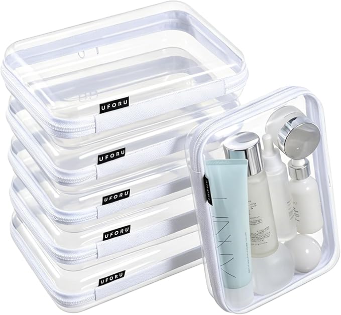 UFORU 6 Pack Clear Hard Shell Zipper Case, Diaper Bag Organizer Pouches for Travel, Heavy Duty Clear Makeup & Toiletry Bags, Hard Plastic Cosmetic Toy Organizer Pouch for Daily Essentials, Medium by UFORU