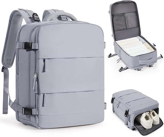 Grey Travel Backpack - Carry On Flight Approved Mochila De Viaje Personal Item - Large Backpack for Men & Women - 18x14x8 Inches by coofay