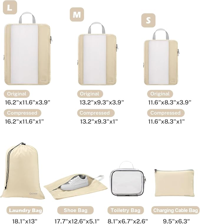 Gonex 8 Set Expandable Mesh Packing Cubes for Travel Essentials, Compression Organizer with Toiletry, Laundry, Shoe, Cable Bags - Beige - Image 3