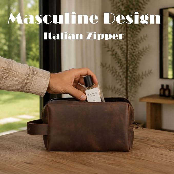 Mens Leather Toiletry Bag – Dopp Kit Handmade in USA – Full Grain Leather Organizer Bag with Waterproof Lining for Travel, Toiletries, Shaving Kit – Gifts for Men, Husband, Dad, Boyfriend - Image 5