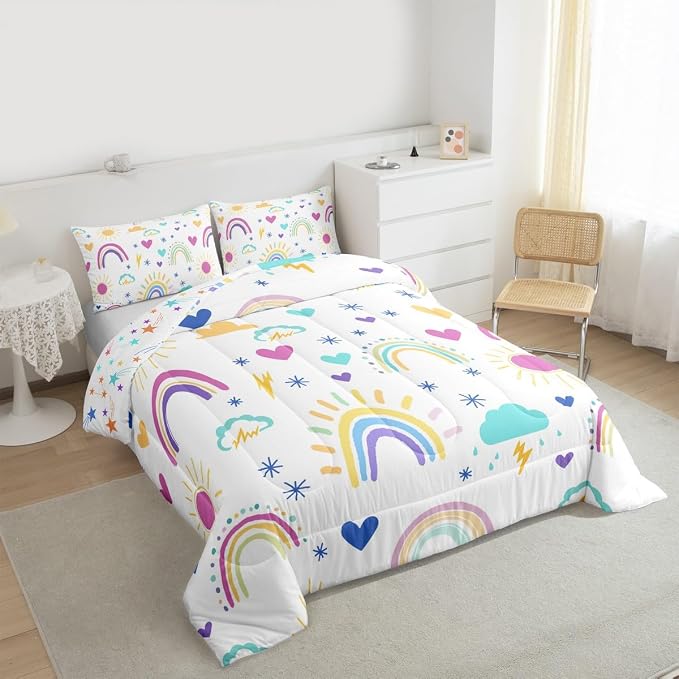 Erosebridal Rainbow Comforter Set, Sun Cloud Stars Duvet Insert King Size Hand Drawn Iridescent Duvet Sets, Love Heart Cartoon Quilted Duvet for Kids Girls Boys Children Women Bedroom Decor - Image 4