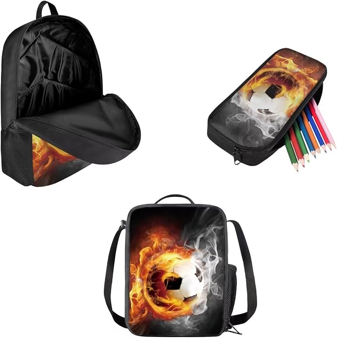 Mumeson 17" Backpack Kids School Travel Backpacks Satchel Casual Rucksack Daypack for Girls Boys,Football Print Casual Rucksack Backpack with Lunch Bag Messenger Tote Bag Pencil Bag 3 Pieces - Image 2