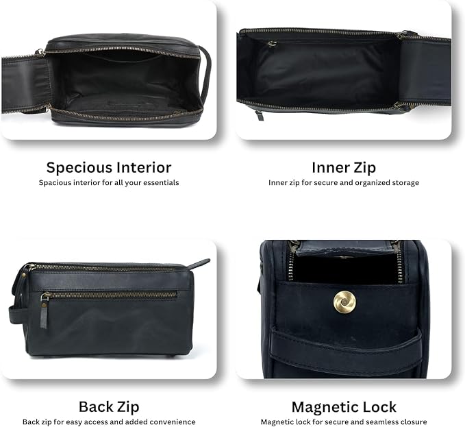 Toiletry Bag for Men Handcrafted Vintage Dopp Kit Organizer for Cosmetics Genuine Buffalo Leather, Shaving Kit with Waterproof Lining (Small, 10 * 5 * 4 Inches, Black) - Image 3