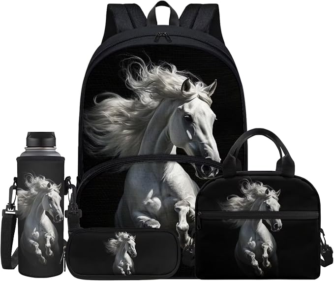 White Horse Backpack for Boys, Kids Travel Backpack Set for Girls Teens, 4 PCS School Backpacks Lightweight Middle School Bag Bookbag with Lunch Box and Pencil Case Water Bottle Bag, Black by Jndtueit