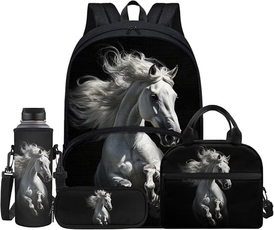 White Horse Backpack for Boys, Kids Travel Backpack Set for Girls Teens, 4 PCS School Backpacks Lightweight Middle School Bag Bookbag with Lunch Box and Pencil Case Water Bottle Bag, Black by Jndtueit