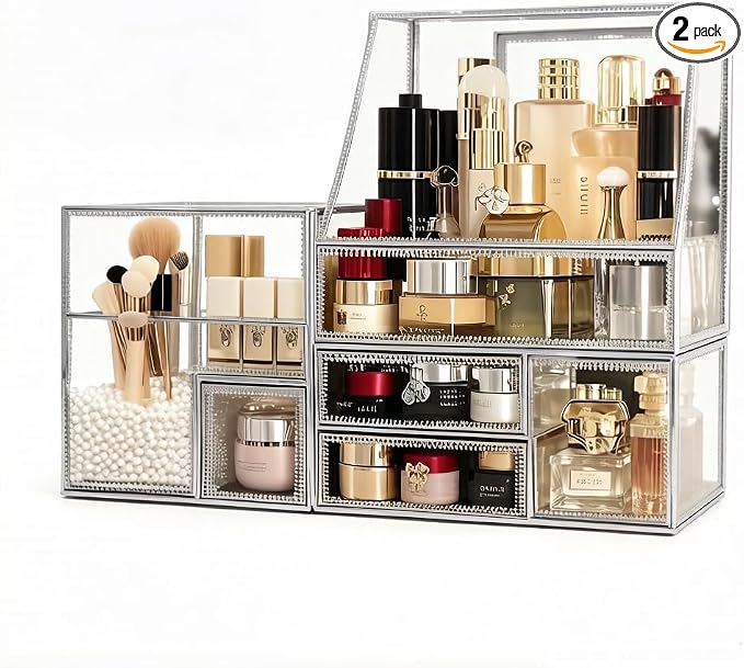 Tempered Glass Makeup Organizer with Heart Shaped Metal Frame, Large Cosmetic Storage Drawer Cabinet, Dustproof Vanity Display Case for Lipstick Makeup Brush Skincare Bathroom Bedroom by UniqueHandmadeGlassBeautyDisplayfromHersoo
