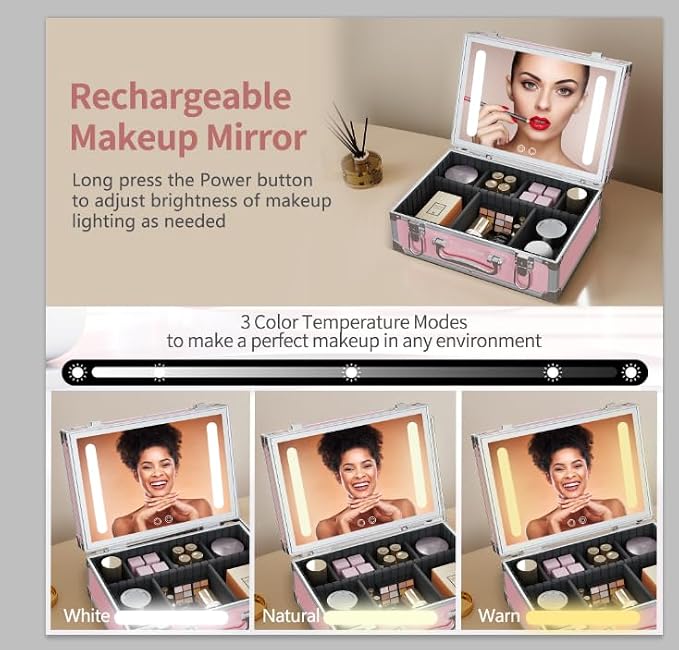 Cybergiant Travel Makeup Case with LED Mirror - Hard Shell Pink Travel Makeup Bag with Mirror - Portable Makeup Organizer with Mirror, Vanity Case for Cosmetics, Adjustable Divider - Image 4