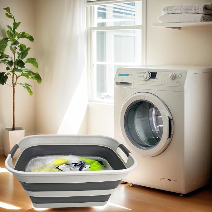 SMMART Collapsible Plastic Laundry Basket with Handle/Foldable Pop Up Storage Hamper/Portable Laundry Organizer-Space Saving Washing Tub/Household Storage Supplies (Grey/Steel Grey, 27L) - Image 4
