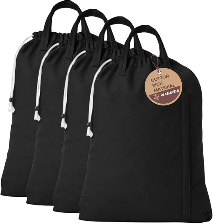 LFH Home Large Premium Cotton Rich Canvas Laundry Bag with Drawstring and Handles Heavy Duty, Multi-Use, and Washable for Home, Travel, College or Storage 24x36 (Pack of 4)-Black by LFHHomePrivateLimited