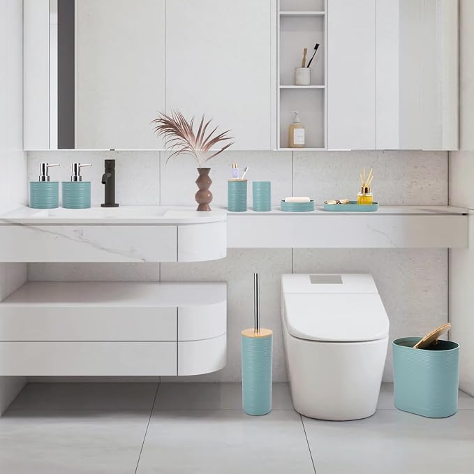 XLHOMO Blue Bathroom Set, Light Blue Bathroom Accessories Set with Trash Can, 2PCS Soap Dispensers, Soap Dish, Toothbrush Holder, Toothbrush Cup,Toilet Brush, Tray and Qtip Holders for Bathroom Decor - Image 7