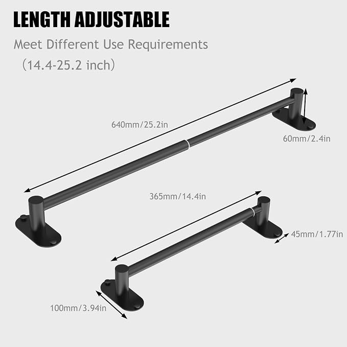 Towel Bar, Adjustable 14.4inch - 25.2inch Towel Rack, Self Adhesive Wall Mounted for Bathroom Kitchen Hand Towel Holder Cloths Hanger 304 Stainless Steel Organizer Single Bar (2, Matte Black) - Image 3