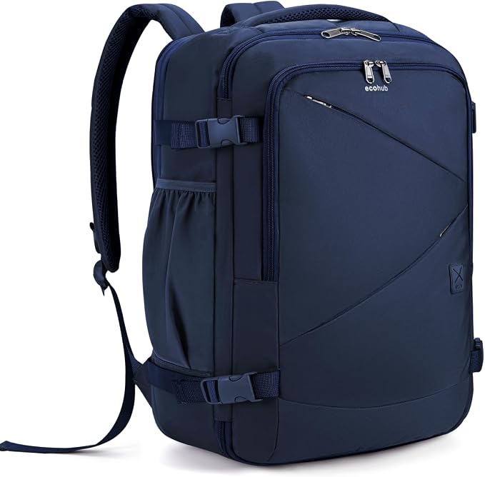 ECOHUB Carry On Travel Backpack, Expandable Airlines Personal Item Bag 18x14x8, Water Resistant 17 inch Laptop Backpack Flight Approved, 12 Pockets 30L Work Backpacks with Wet Pocket Cable Slot, Blue by ECOHUB