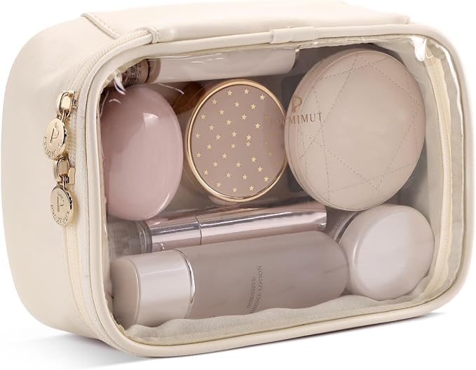 Pocmimut Makeup Bag,Small Makeup Bag TSA Approved Clear Toiletry Bag,Makeup Case Pouches Car Accessories Storage for Women,Travel Essentials Organizers,Beige by Pocmimut