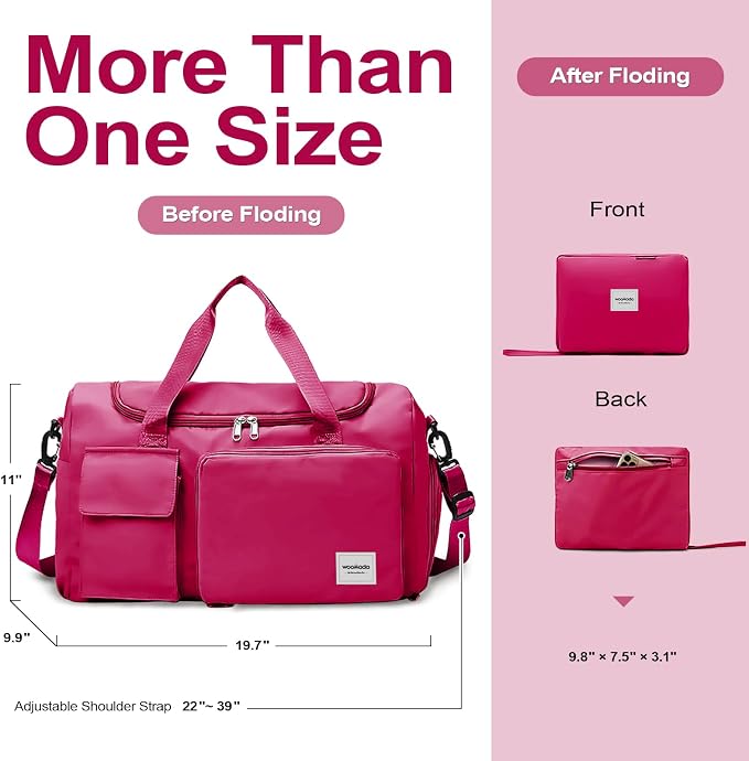 WOOMADA Foldable Travel Duffel Bag with Shoes Compartment, Overnight Bag with Wet Pocket & Trolley Sleeve, Weekender Bags for Women(A-rose red) - Image 2