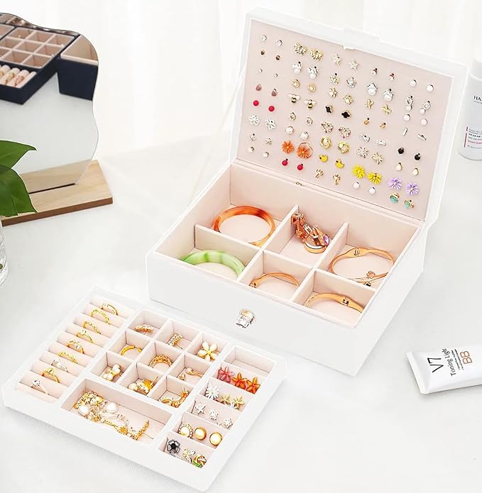 QBestry Jewelry Box for Women Girls, 105 Holes Stud Earring Organizer Storage Case with Removable Dividers, 2-Layer White Leather Jewelry Organizer for Earrings Rings Necklaces Bracelet, Gift for Teen - Image 2