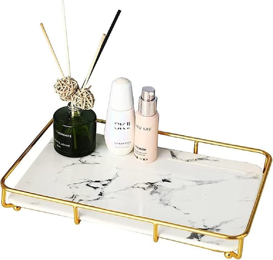 Dobbyby Vanity Tray Makeup Organizer Cosmetics Storage Bathroom Skincare Organizer Countertop Display Rack in Dresser Stainless Steel Shelf Marble Print Ceramic Trays by Dobbyby