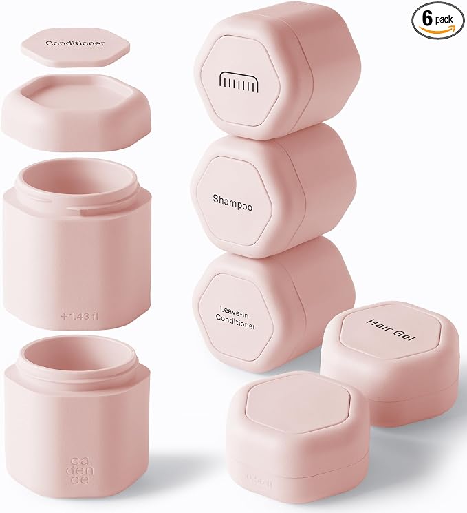 Cadence Travel Containers - 6 Piece Haircare Set - Magnetic Travel Capsules - 2 Small & 4 Medium Capsules - Shampoo, Conditioner, Leave-In Conditioner, Comb, Hair Serum, Hair Gel Labels - Petal by KeepYourCadence