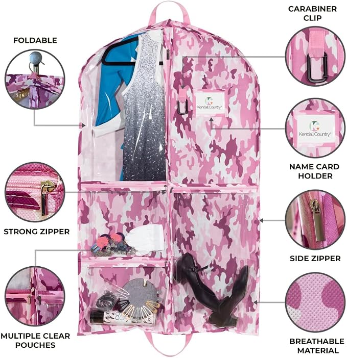 Waterproof Hanging Garment Bag 40 inch Clothes Bag with Gusset, 2 Pack, 5 Pockets & Side Zip for Dance Costumes, Cheer, Skating, Theatre, Beauty Pageants & More by Kendall Country, Camo Pink - Image 3