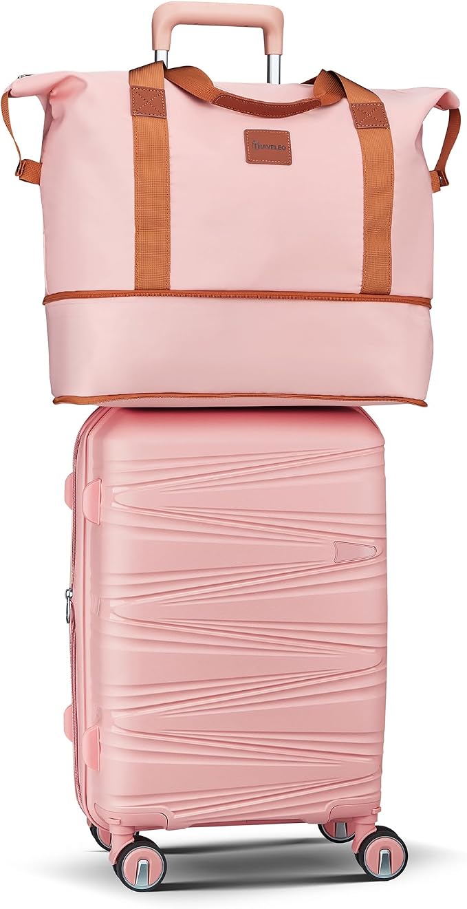 TRAVELEO 4 Piece Carry On Luggage Set 20 Inch, Expandable PP Hardshell Suitcase with Detachable Spinner Wheels & TSA Lock, Includes Cosmetic Case, Travel Tote & Toiletry Bag, Lightweight (Pink) - Image 7
