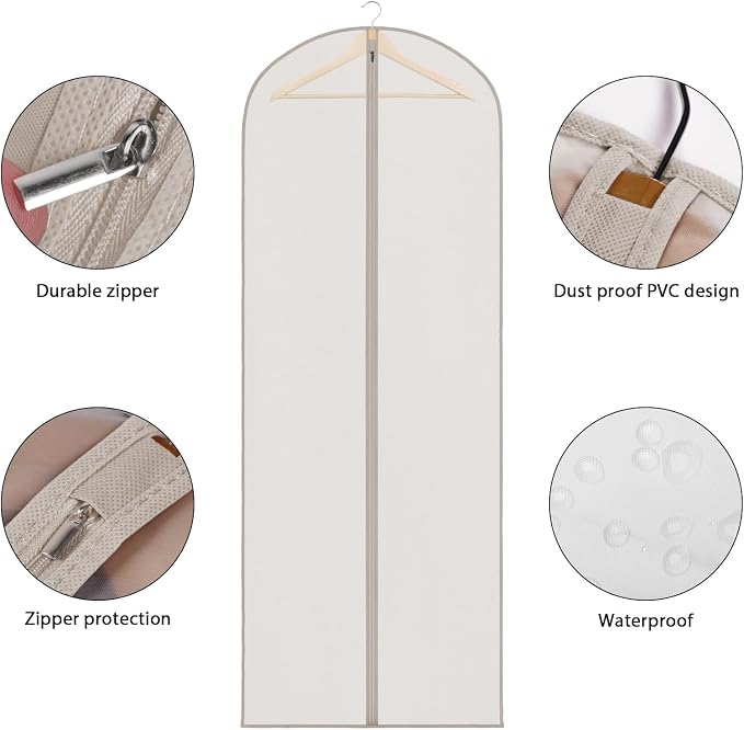Zilink 65'' Dress Bags for Gowns Long Clear Garment Bags for Hanging Clothes Foldable Dress Covers Garment Bag for Closet Storage and Travel - Beige, 3 Pack - Image 4