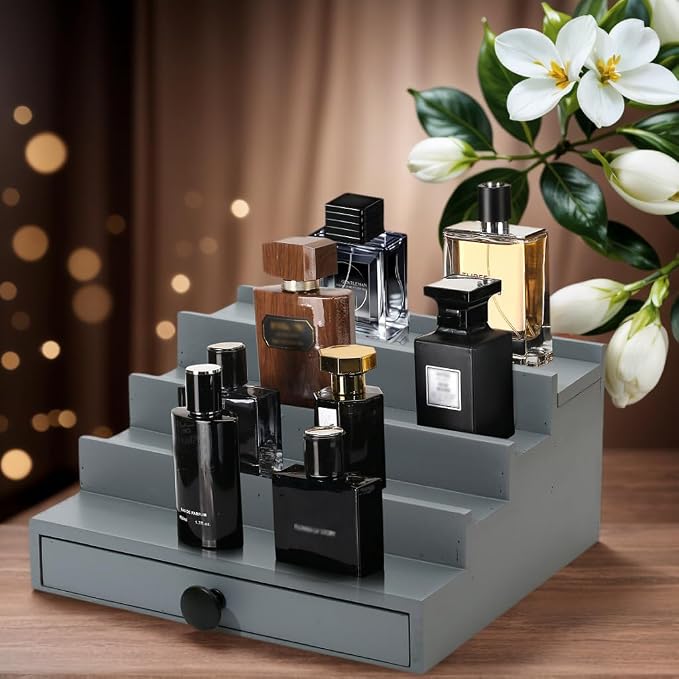 4 Tier Men's Cologne Organizer, Gray Wooden Display Stand with Drawer | Tiered Cologne Display Shelf, Rack and Tray, Drawer Storage, Countertop Dresser Organizer, Mens Room Decor, Gift for Men - Image 3