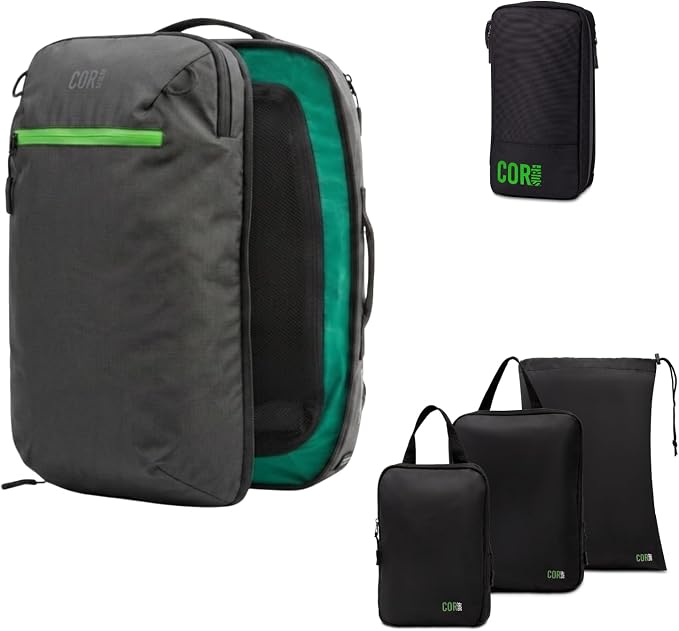 COR Surf Carry On Travel Backpack Bundle | Island Hopper Travel Backpack with Toiletry Bag and Compression Packing Cube Set (28L 2.0, Black with Green Zipper) by CORSurf