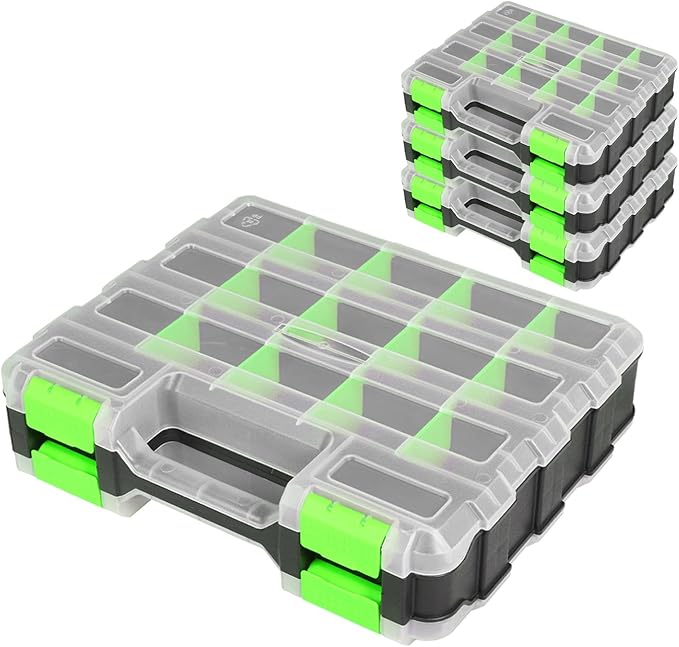 Generic Tool Box with Transparent Lid, Double Side 34-Compartments Organizer Box with Removable Dividers for Hardware, Screws, Bolts, Nails, Beads, Jewelry and Fishing Accessories, Green, 4 Packs by Unknown