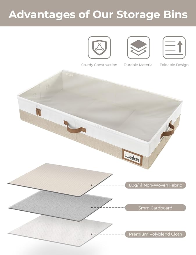 StorageWorks Large Under Bed Storage Containers with Handles and Label Holder, 2 Pack Ultra-thick Fabric Underbed Bins, Closet Organizer for Clothes, Blankets, Sweater - Image 5
