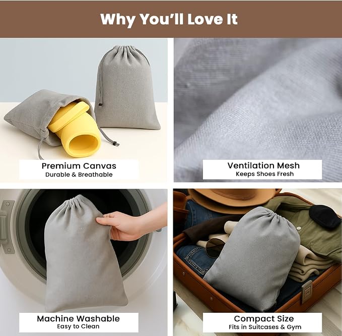 LFH Cotton Rich Shoe Storage Bags with Drawstring, Dustproof Breathable Reusable Organizer, Perfect For Travel, Dorm, Hotel, College, Gym, Easy to Carry, Machine Washable 8"x17" (Pack of 4) - Grey - Image 3