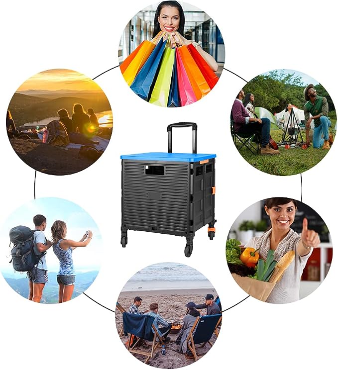 FELICON SELORSS Foldable Utility Cart Folding Portable Rolling Crate-Blue | Heavy Duty,Telescoping Handle,4 Rotate Wheels,Collapsible Handcart for Travel Shop Move Luggage Laundry Teacher Office Use - Image 6