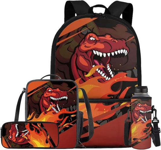 Dinosaur Backpack for Kids 5-7 Boys Backpack with Lunch Box Water Bottle Holder and Soft Pencil Case 4PCS Set Bookbag with Front Pocket 17 inch Large Capacity School Bag for Elementary Boys by ELEDIZI